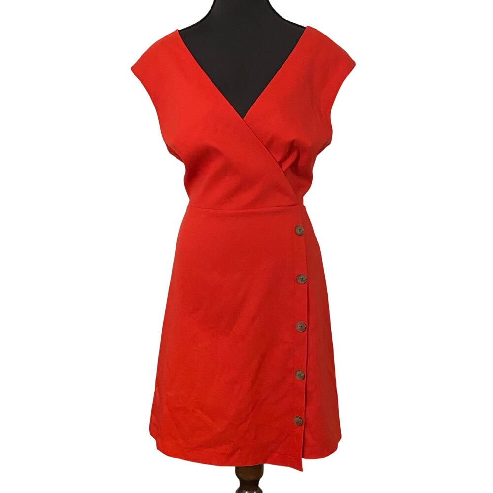 NWT LOFT Size 10 Red Faux Wrap Button Front Fit & Flare Dress Office Cocktail